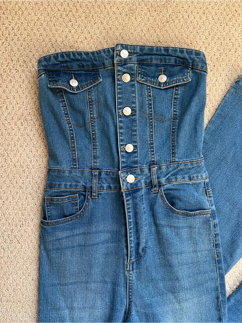 Forever 21 Strapless Button-Front Blue Denim Overalls